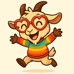 An excited goat with heart glasses and rainbow sweater jumping happily.