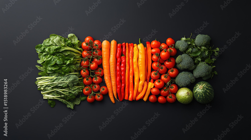 Poster vibrant top down view of assorted vegetables and fruits including spinach tomatoes carrots peppers b