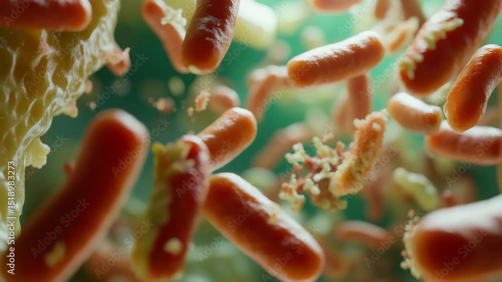 Poster exploring the intricate world of bacteria through a macro lens, macro shot focusing on the complex i