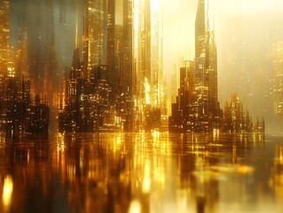 Glimmering metropolis reflected in still waters with a golden ethereal glow