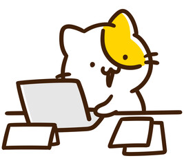 パソコン作業をしながら受け答えをするかわいいねこのキャラクターのデフォルメイラスト
