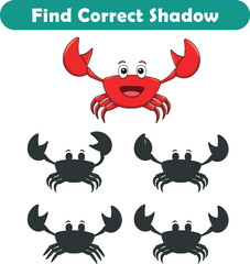 Funny cartoon crab. find the correct shadow. Kids Education games. Cartoon vector illustration