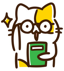 本を片手にメガネをクイっとするエリート風なねこのキャラクターのデフォルメイラスト