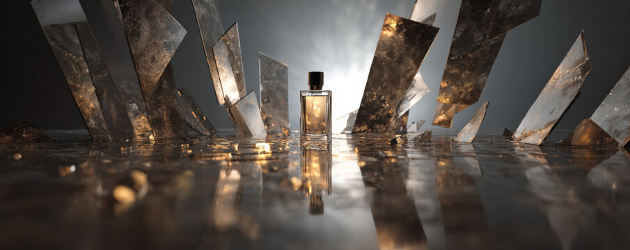 Captivating perfume bottle stands at center, surrounded by abstract vertical mirror shards that reflect light beautifully, creating sense of elegance and allure