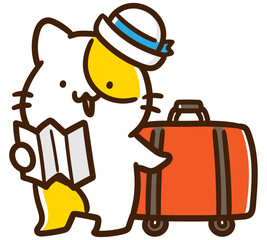大きな旅行カバンを持ってパンフレットを確認するかわいいねこのキャラクターのデフォルメイラスト