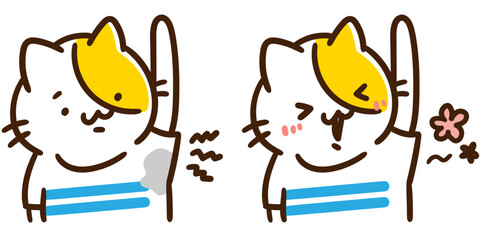 脇汗を気にするねこのキャラクターのかわいいビフォーアフターのセットイラスト