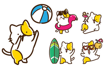 夏休みにバカンスを楽しむコミカルなねこのデフォルメイラストセット