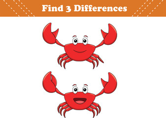 Education game for children find three differences between two crab cartoon. Vector illustration