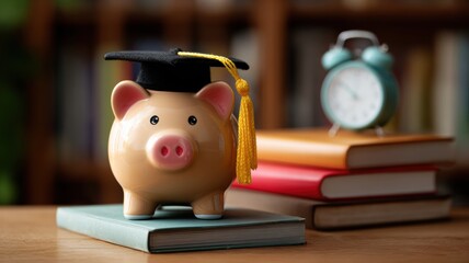 Piggy bank wearing a graduation cap, symbolizing education savings and financial success, with books and an alarm clock.