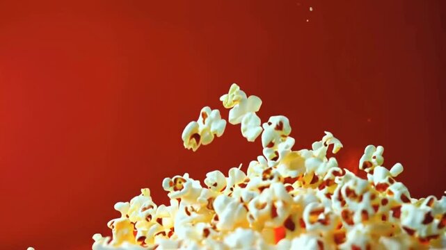 Popcorn falling against a red background.