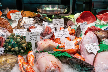 Market stall with fish and seafood seen in Barcelona, Spain