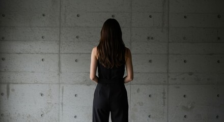 Young woman standing with back facing camera in minimalist setting with concrete wall