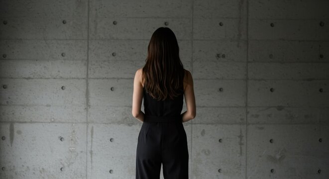 Young woman standing with back facing camera in minimalist setting with concrete wall