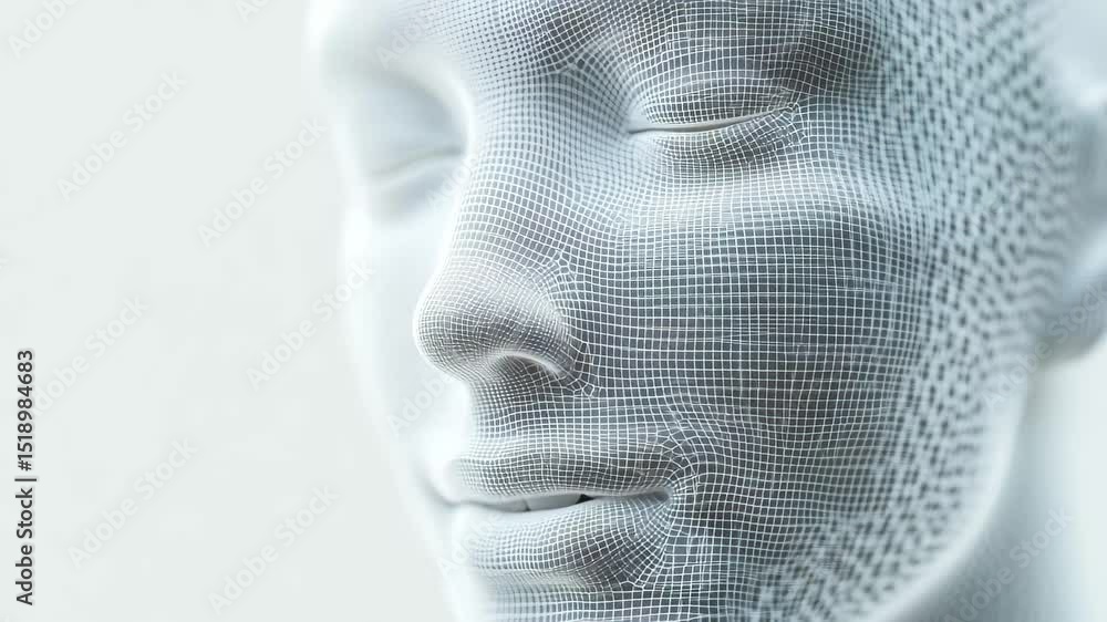 Poster pixelated facial recognition model showcases advanced technology in digital identity verification, w