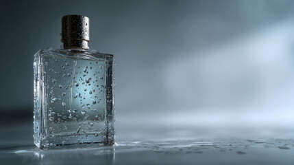 Transparent perfume bottle with water condensation, reflecting light beautifully, evokes sense of freshness and elegance. droplets enhance its allure and charm