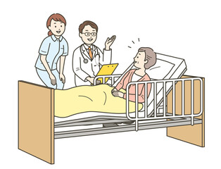 ベッドで診察を受ける高齢女性と医師と看護師の全身イラスト