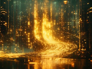 Dazzling luminescence pathway within a glimmering digital cityscape concept
