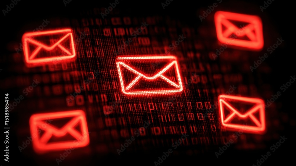 Poster neon email icons glowing against a digital background of binary code.