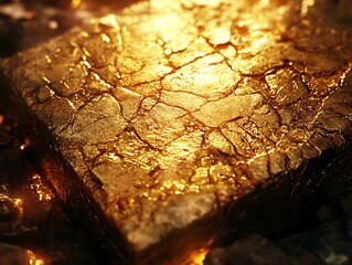 Captivating close-up of a golden, cracked, and textured block radiating warmth