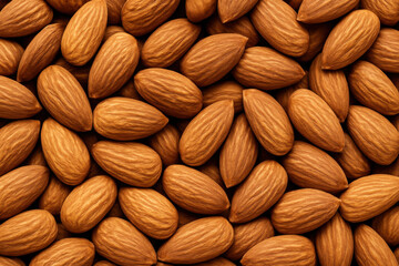 Fototapeta premium Brown whole almonds piled together in a natural top view, capturing their raw texture and heart-healthy appeal