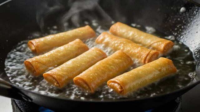 Frying spring rolls in wok