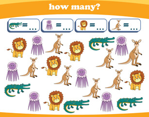 Counting game of wild animals for preschool kids. Printable. Vector Illustration