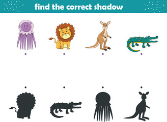 Fototapeta premium Funny cartoon wild life. Find the correct shadow. Kids Education games. Cartoon vector illustration