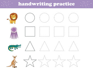 Handwriting Practice. Tracing lines of different shape for kids with animals. Vector Illustration