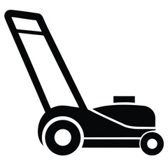 Black Silhouette Illustration of a Lawn Mower with Handle, Wheels, and Engine Detail