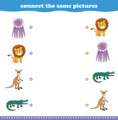 Education game for children connect the same picture of cute cartoon wild animal printable. Vector Illustration