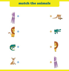 Match halves of cute cartoon wildlife animals. Logical game for kids