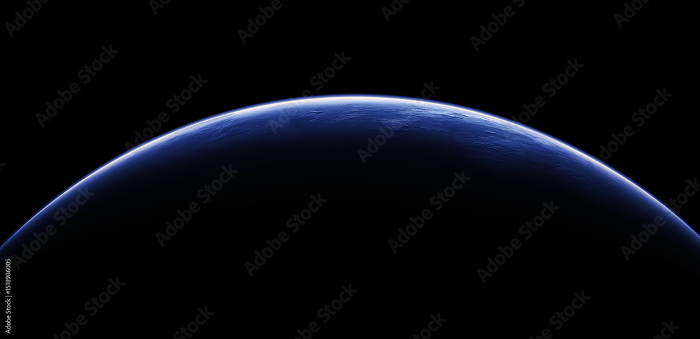 Poster this picture shows the edge of a planet with blue light shining in the darkness, creating a mysterio