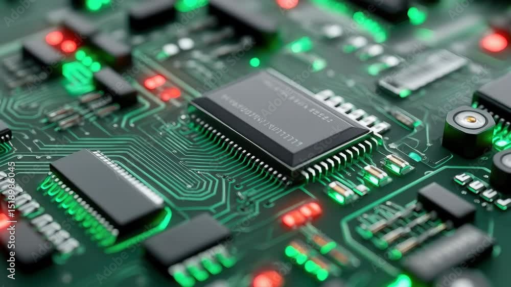 Poster close up of green circuit board with microchips and advanced electronics technology