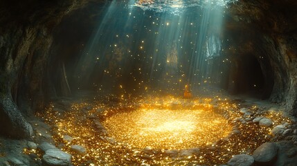 Mystical cave illuminated by sunbeams and golden sparkles creating a magic atmosphere