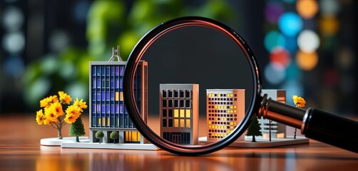 Magnifying glass over miniature business buildings, representing investment and expansion,  vector,  enterprise