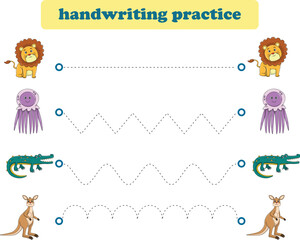 Handwriting Practice. Tracing lines for kids with animals. Vector Illustration