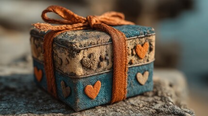 Rustic Teal Gift Box with Orange Ribbon  Hearts  Cinematic Lighting  Isolated