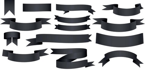 Large collection of black vector ribbons, banners, isolated on white Ideal for design projects,  art,  design element