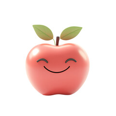 A cheerful pink apple character with two green leaves smiles widely, isolated on a solid transparent background for advertising use.