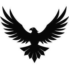Obraz premium Dramatic Black Eagle Silhouette with Open Wings, Geometric Tail Feathers Isolated on White