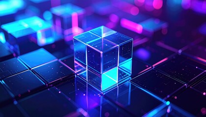 Fototapeta premium Floating translucent cubes with softly glowing cores in dark ambient space