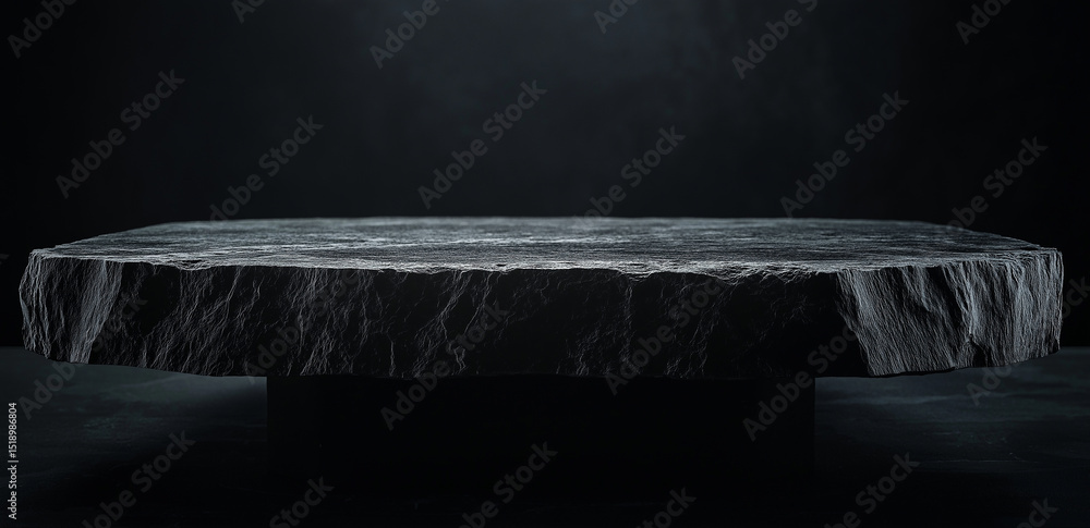 Poster this image displays a black marble round table against a deep dark background, creating a minimalist