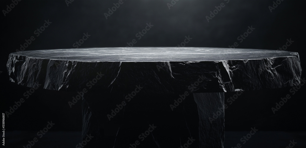 Poster this image displays a black marble round table against a deep dark background, creating a minimalist
