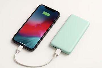 Smartphone charging with a power bank showing a charging indicator on the phone screen on white surface