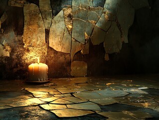 Illuminated candle casting shadows on a fractured gilded surface backdrop