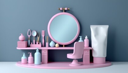 a brightly colored miniature beauty station with a variety of cosmetic items, including makeup products and grooming tools such as bottles, brushes, and toothbrushes, placed on a pink shelf beneath a