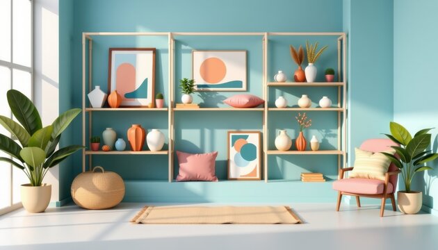 an interior space with a cohesive design theme featuring pinks and blues