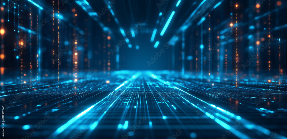 Poster this image displays a futuristic blue tech corridor dotted with orange light points, creating a sens