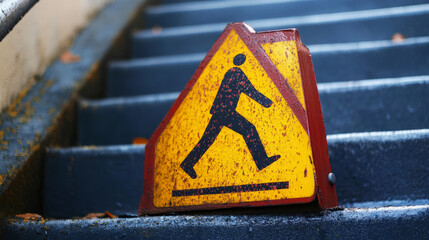 Caution sign for slippery stairs public building safety alert indoor environment ground level view awareness campaign