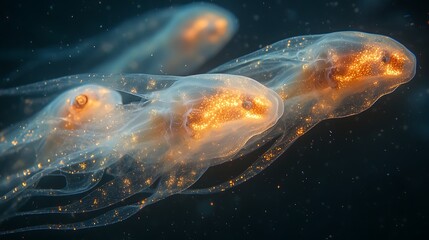 Ethereal glowing tadpoles swimming in a serene deep-sea environment exploration